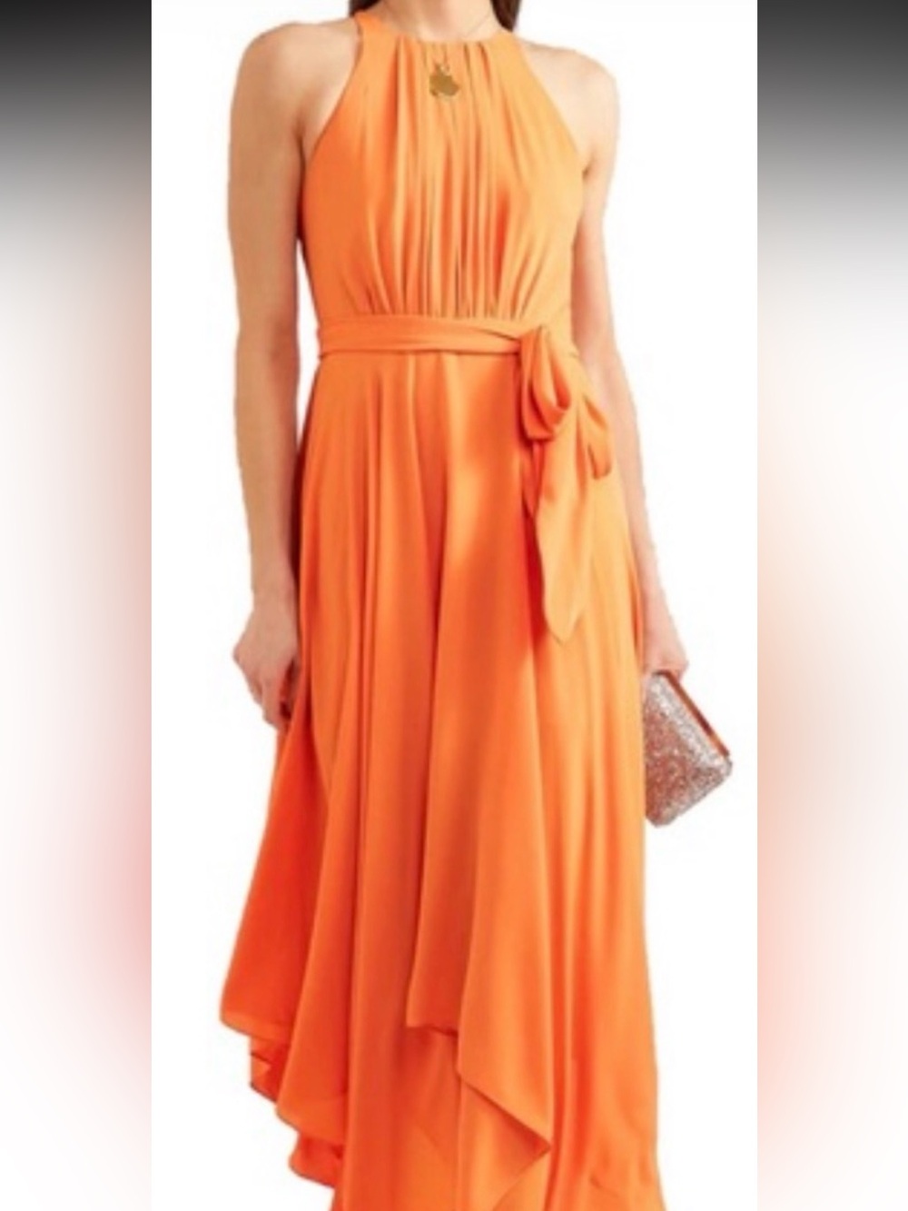 HALSTON HERITAGE Sleeveless Orange Chiffon Asymmetric Hem Dress - Picture 4 of 6